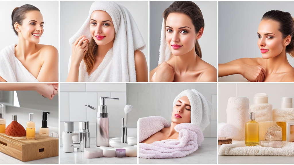 Lépésről lépésre bőr előkészítés epiláláshoz hámlasztás tisztítás és szárítás folyamat spa-szerű fürdőszoba környezetben