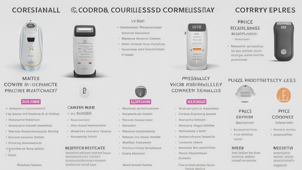 Professzionális összehasonlító táblázat vezetékes és akkumulátoros epilátor funkciókról ikonokkal és tiszta infografika dizájnnal